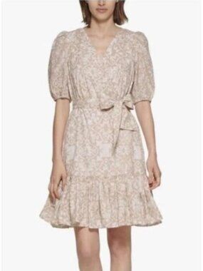 Calvin Klein Printed Flouncy Belted 100% Cotton Dress Size 8